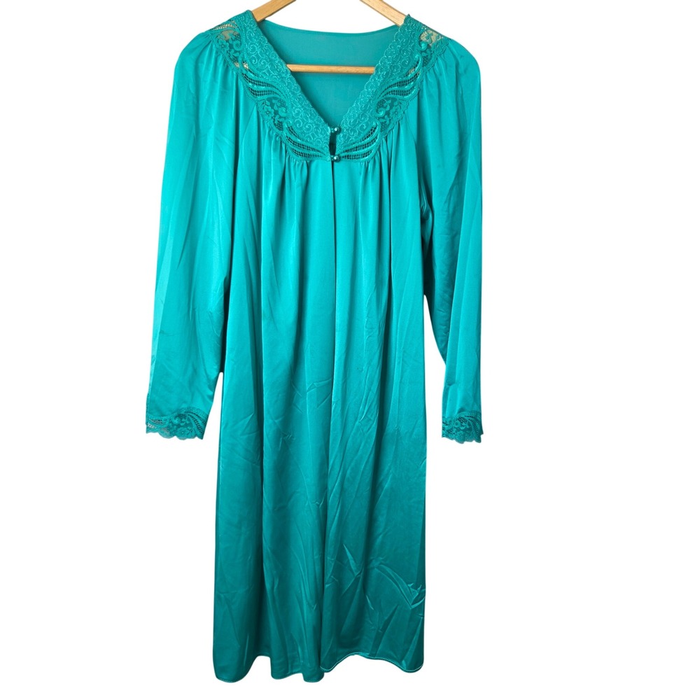 Vtg ShadowLine Small Teal Green Lace Trim Housecoat Long Sleeve Right Pocket